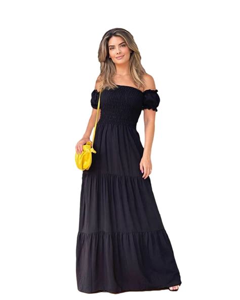 Vestido Longo Modelo Cigana Lastex No Busto Preto Smille Shop