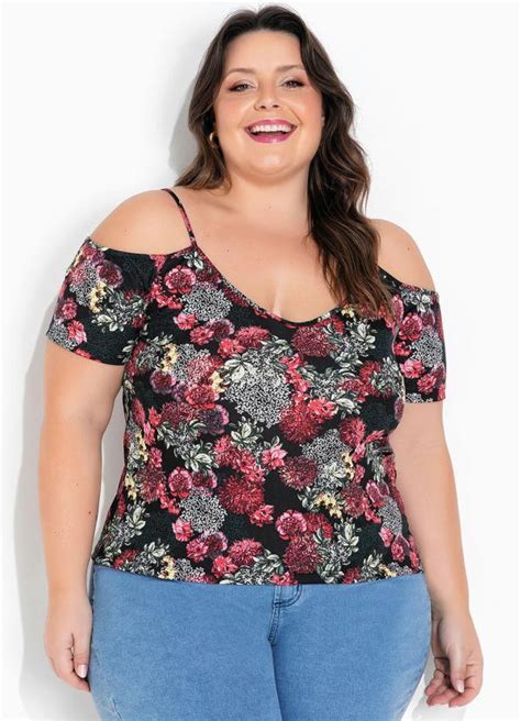 Blusa Floral Preta Mangas Plus Size Marguerite