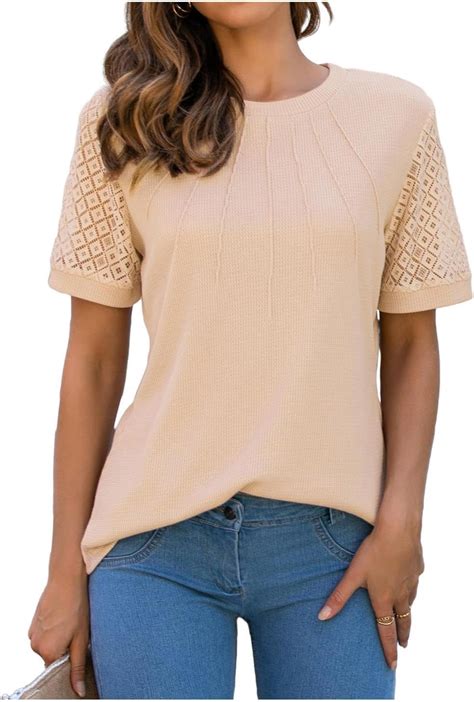 Melliflo Womens Short Sleeve Tops Waffle Knit Crewneck Shirt Business