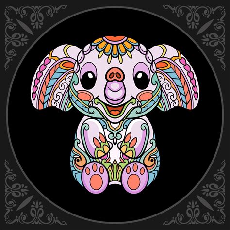 Colorful Cute Elephant Cartoon Mandala Arts Isolated On Black