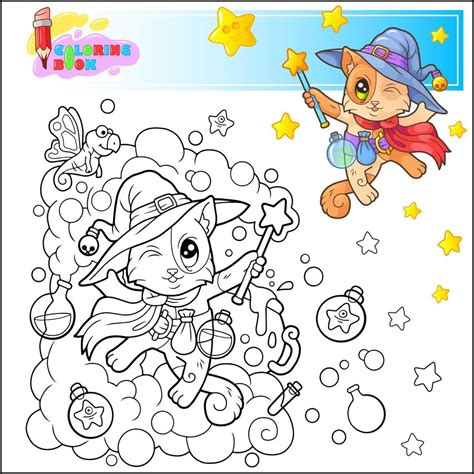 Cute Cartoon Cat Witch Coloring Book 21522397 Vector Art At Vecteezy