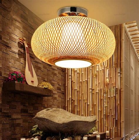 2021 Bamboo Wicker Rattan Shade Flush Mount Ceiling Light Fixture