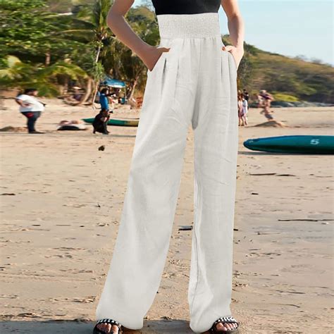 Rkzdsr Womens Cotton Linen Wide Leg Pants Summer Casual High Waisted