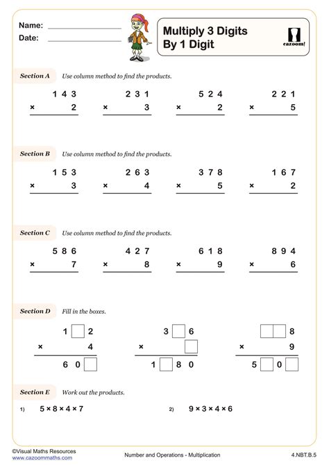 Multiplying 3 Digits By 1 Digit Worksheet Printable PDF 4th