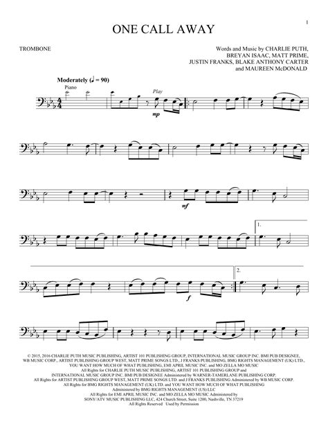 One Call Away By Charlie Puth Sheet Music For Trombone Playalong At