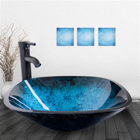 Elecwish Ocean Blue Bathroom Vessel Sink With Oil Rubbed Bronze Faucet