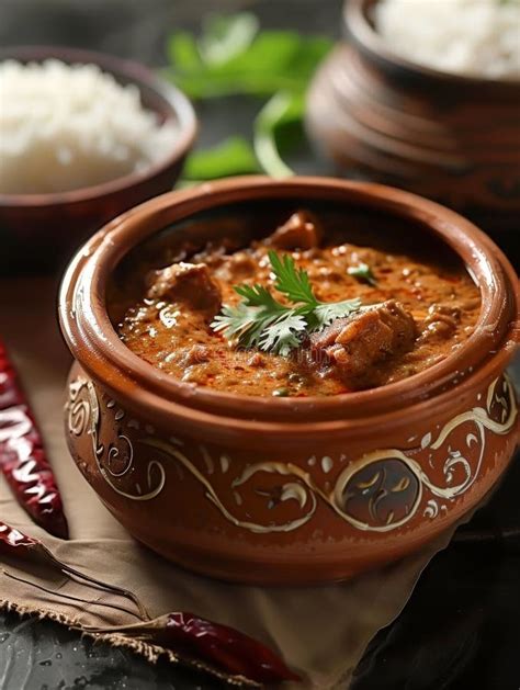 Close Up Of Spicy Indian Curry Served In A Traditional Clay Pot With