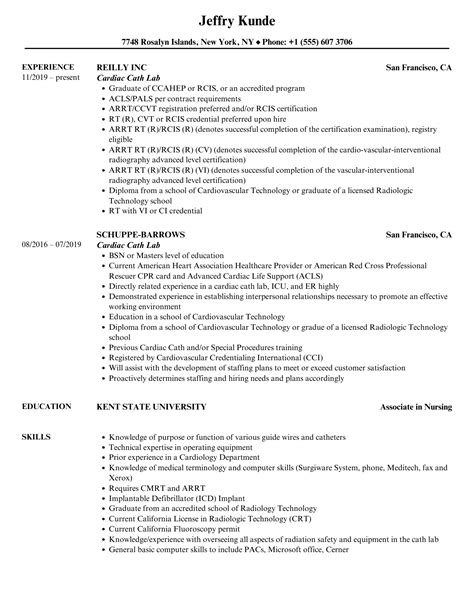 Cardiac Cath Lab Resume Samples | Velvet Jobs