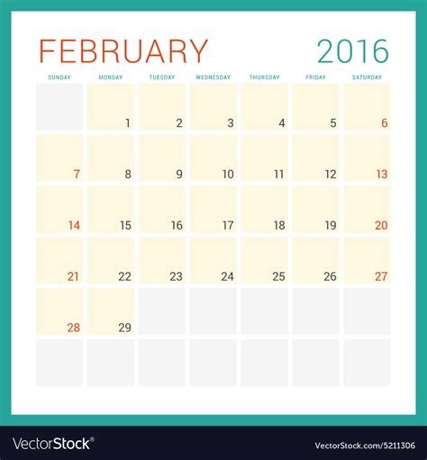 Calendar 2016 flat design template february week Vector Image