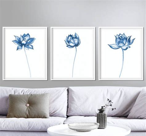 Large Wall Art Floral Wall Art Set Of 3 Prints Blue Wall Art Prints