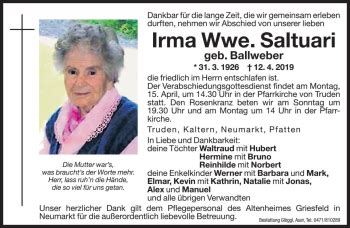 Traueranzeigen Von Irma Saltuari Trauer Bz