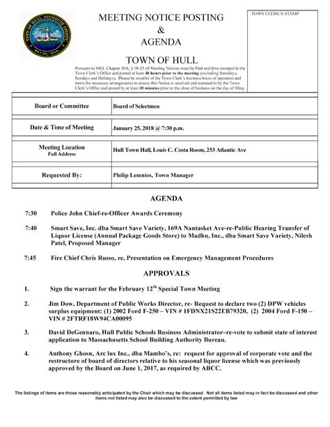 Town Of Hull Board Of Selectmen Agenda 01 25 2018