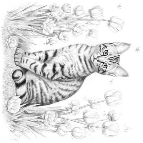 Premium AI Image | Drawing of a cat sitting in the grass with flowers ...