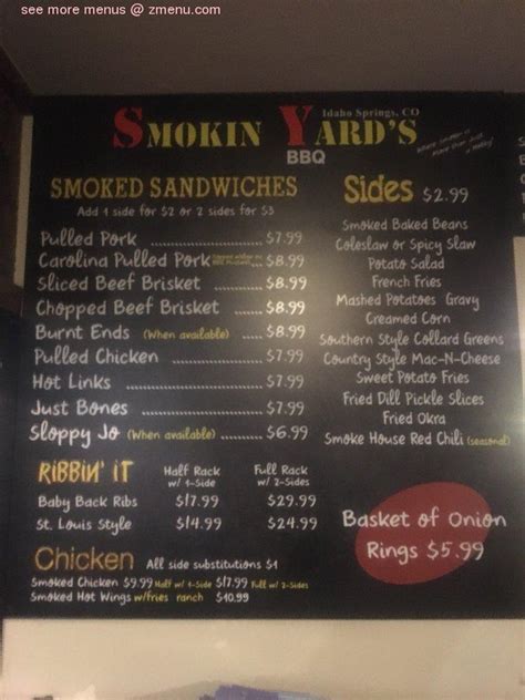 Online Menu Of Smokin Yards Bbq Restaurant Idaho Springs Colorado