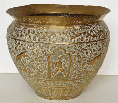 Antique C1900 Kashmiri Indian Repousse 7 Brass Planter Pot Garuda Deity Hunting Brass Planter