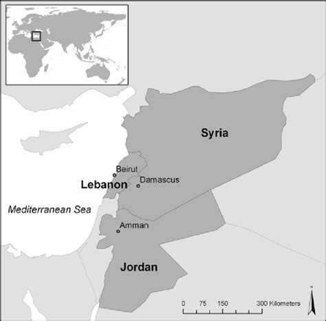 Map showing Syria, Lebanon and Jordan as part of the Levant and ...