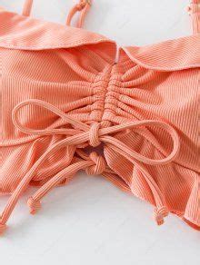 ZAFUL Ribbed Cinched Ruffled Lace Up Bikini Top In DEEP PEACH ZAFUL 2026
