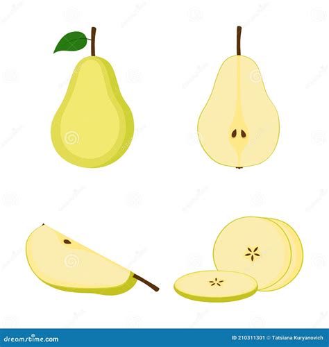 Pear Set Pear Whole Chopped Half Quarter Cut Slices Pear Leaves And