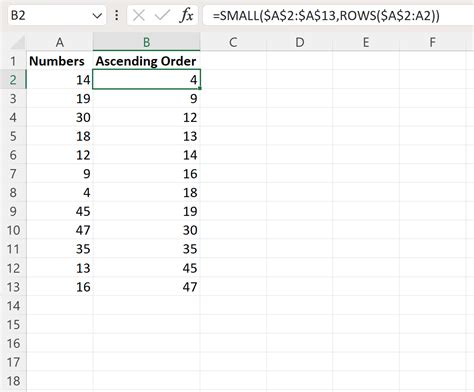 Excel Formula To Sort Numbers In Ascending Or Descending Order