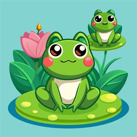 Premium Vector Two Cute Cartoon Frogs Sitting On Lily Pads In A Pond With A Pink Flower