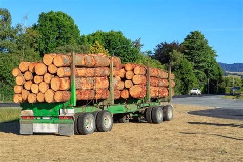 A Truck Trailer Full Of Logs By The Side Of The Road Stock Image