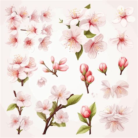 Conjunto de flores de cerezo hojas y pétalos Vector Premium