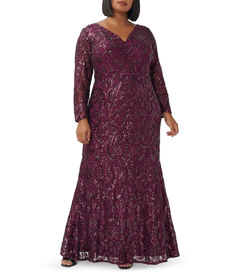 Adrianna Papell Plus Size Long Sleeve Stretch Sequin V Neck A Line Gown