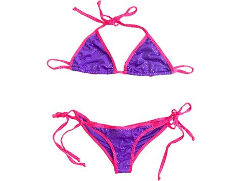 Y K Purple Pink Bikini Two Piece Swimsuit S Sequin Shiny Bathing Suit Set Boho Vintage Retro