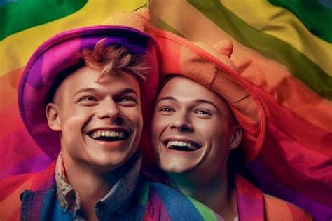 Premium AI Image A Beautiful Happy Gay Couple With Rainbow Colors In A Flower Field LGBTQ