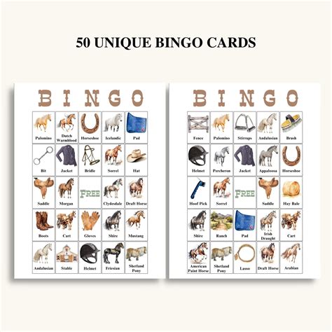 50 Printable Horse Bingo Cards Horse Themed Picture Bingo Cards Horse