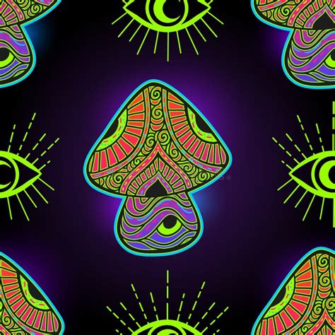 Magic Mushrooms Psychedelic Pattern Fluorescent Neon Stock Vector