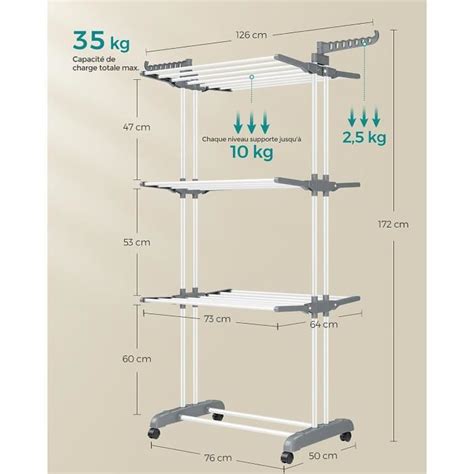 Songmics Tendoir Linge S Choir Mobile Niveaux Avec Roulettes