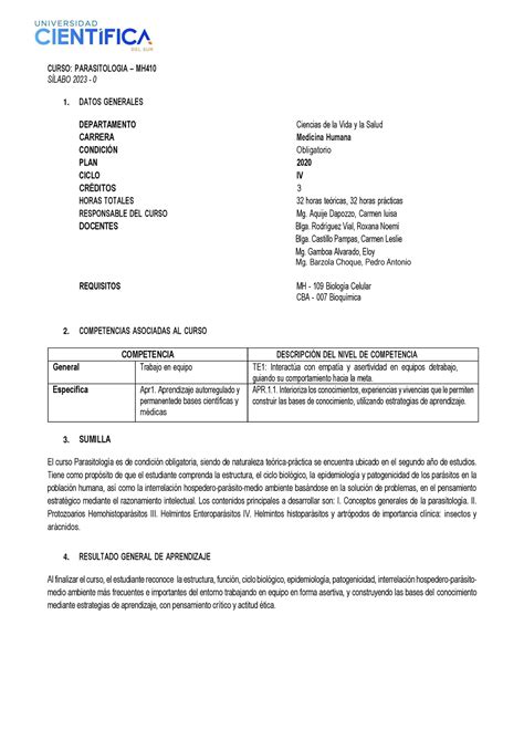 Parasitologia Silabo Verano 2023 2 Curso Parasitologia Mh SÍlabo