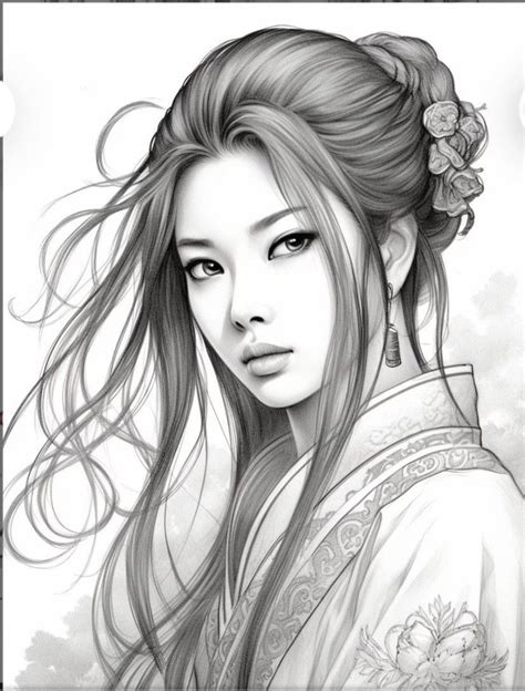 12 Gorgeous Japan Girl Wearing Kimono Grayscale Coloring Etsy Artofit