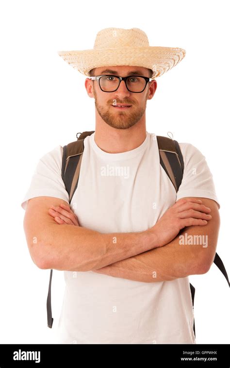 Traveler With Straw Hat White Shirt And Backpack Standing Isolated Over White Background Stock