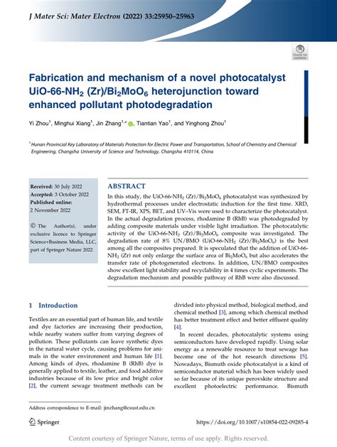 Fabrication And Mechanism Of A Novel Photocatalyst Uio Nh Zr