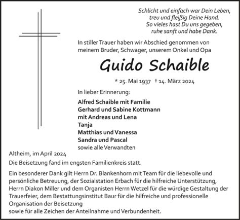 Traueranzeigen Von Guido Schaible Schwaebische De Trauerportal