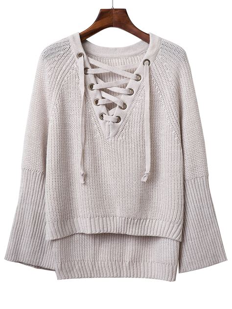 V Neckline Grommet Lace Up Raglan Sleeve Sweater Shein Sheinside