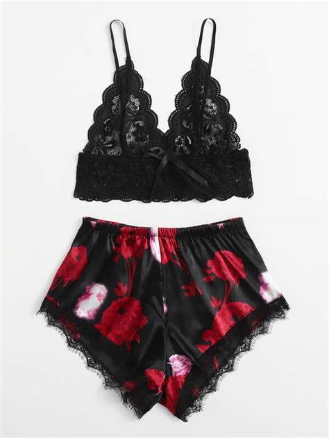 Floral Print Satin Scalloped Lace Lingerie Set Shein Usa