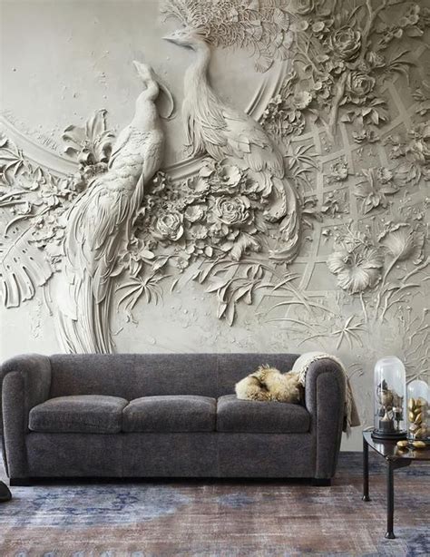 Sculpture Wallpaper 3d Embossed Floral Wall Mural Cement Bird Etsy