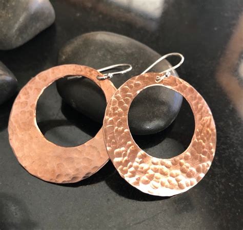 Hammered Copper Hoop Earrings Pure Copper Hoops With Large Etsy