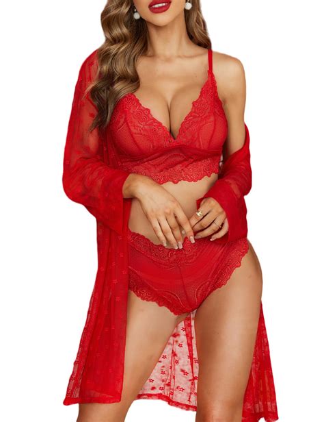Rslove Sexy Lingerie Robe Set For Women Piece Lace Kimono With Bra And Panty Sheer Sleepwear