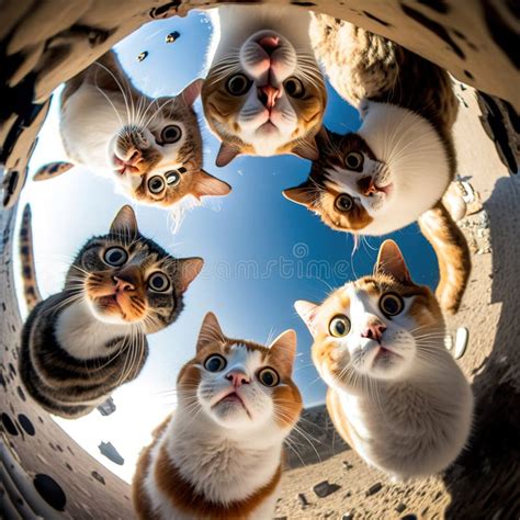 Fisheye Photography Of Excited Gorgeous Cats With Wide Open Eyes