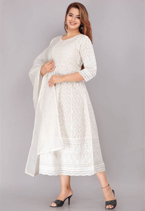 Buy Chikankari Cotton Anarkali Suit In Off White Online Kap184