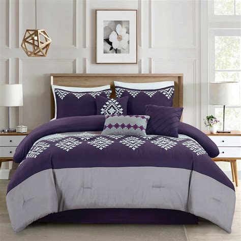 7 Piece Comforter Set Embroidered Design Microfiber Queen Purple Grey