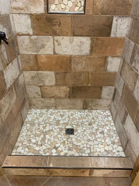 Porcelain Tile Shower With River Rock Shower Floor