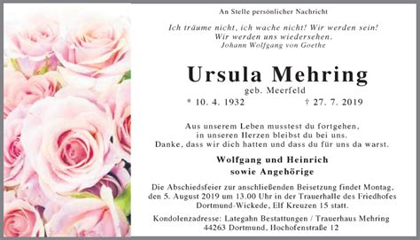 Traueranzeigen Von Ursula Mehring Sich Erinnern De