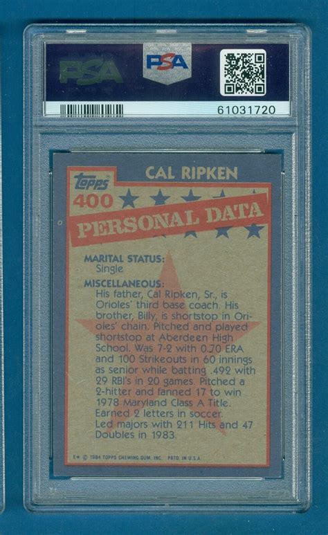 1984 Topps Cal Ripken Jr All Star 400 Orioles PSA 9 MINT DEAD