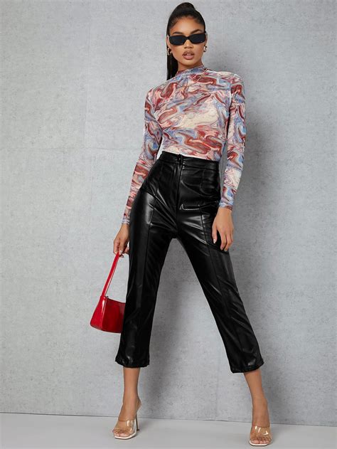 Shein Bae Mock Neck Marble Print Mesh Top Without Bra Shein Uk