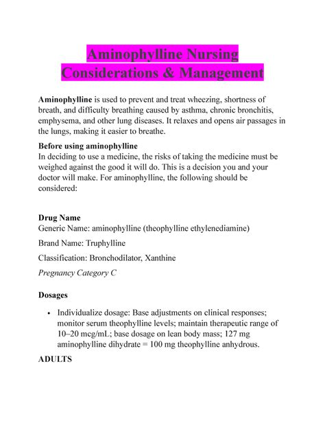 Aminophylline Pharmacologic Nursing Easy Guide Aminophylline Nursing